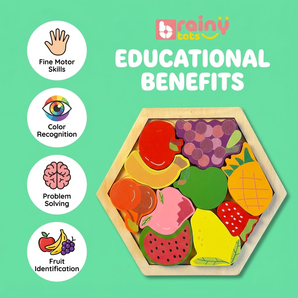 Colorful wooden fruit puzzle with educational benefits on a green background