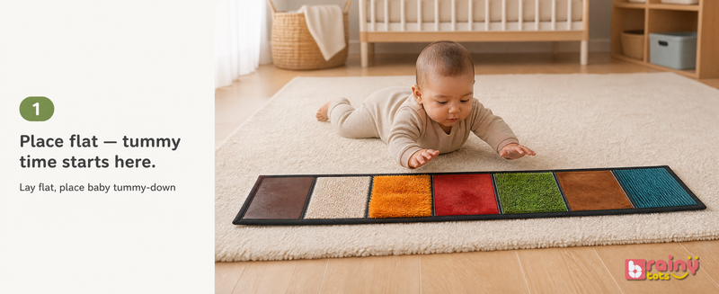 Place flat — tummy time starts here.