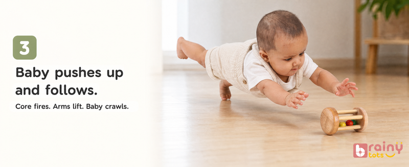 Baby pushes up and follows.