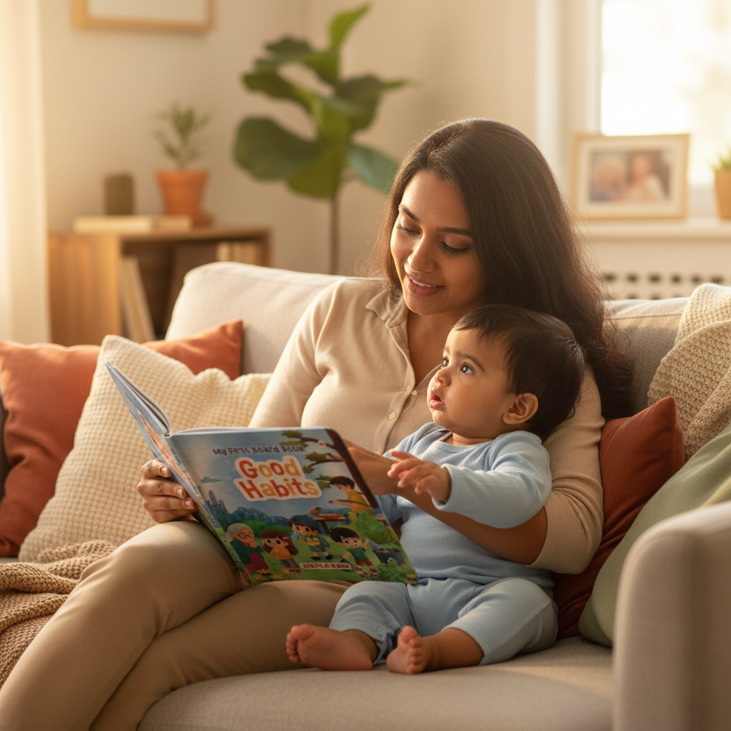 Woman reading a book to a child on a couch in a cozy living room.