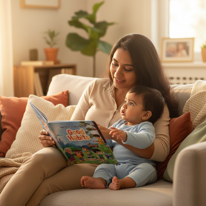 Woman reading a book to a child on a couch in a cozy living room.