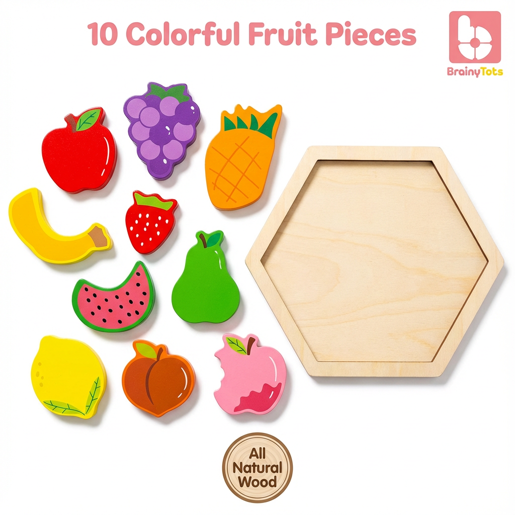 Set of 10 colorful fruit-shaped wooden pieces with a wooden tray on a white background.