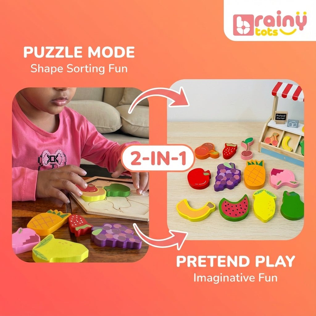 Child playing with a shape sorting puzzle toy, featuring the brand 'rainy tots'.