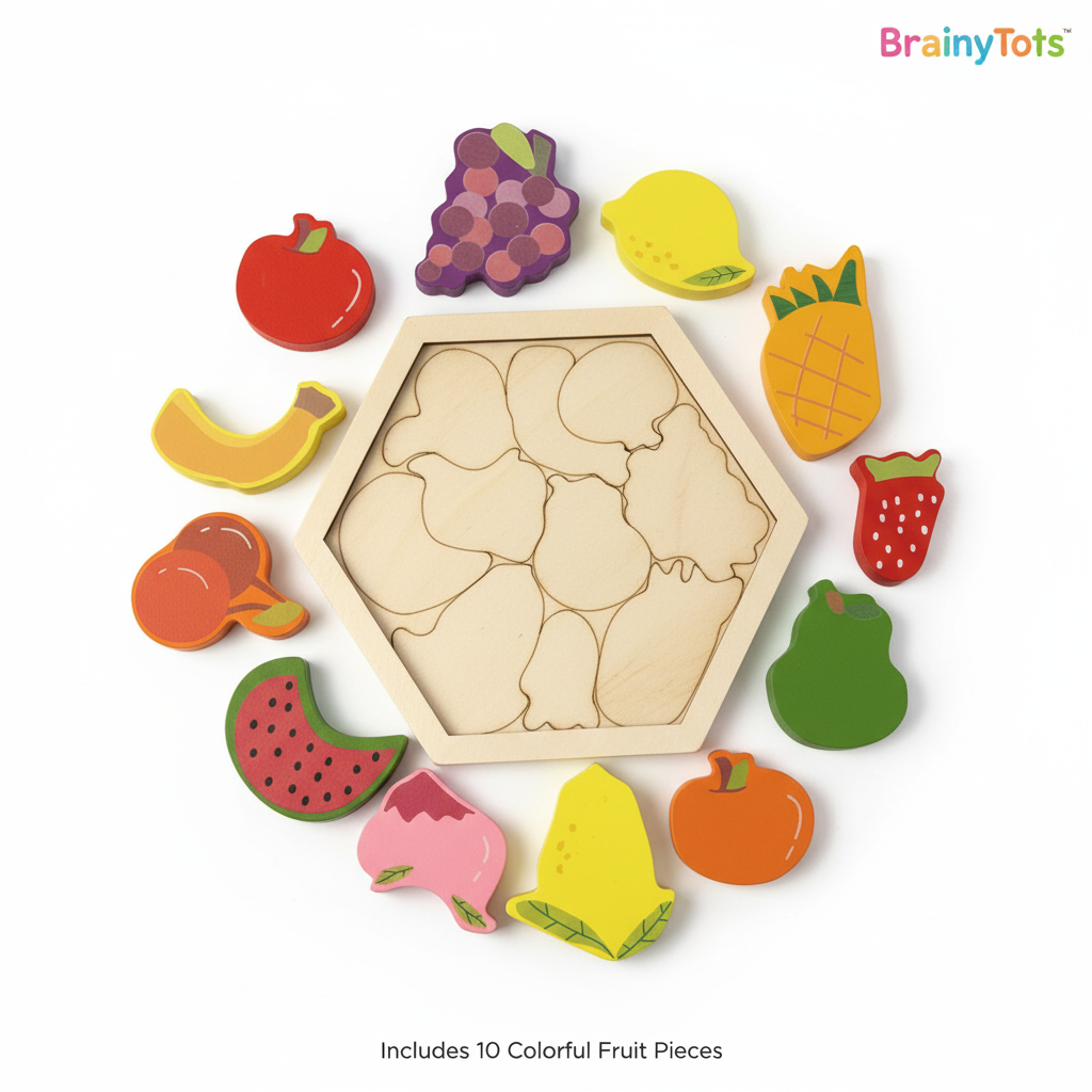 Wooden puzzle with colorful fruit-shaped pieces on a white background, branded as BrainyTots.