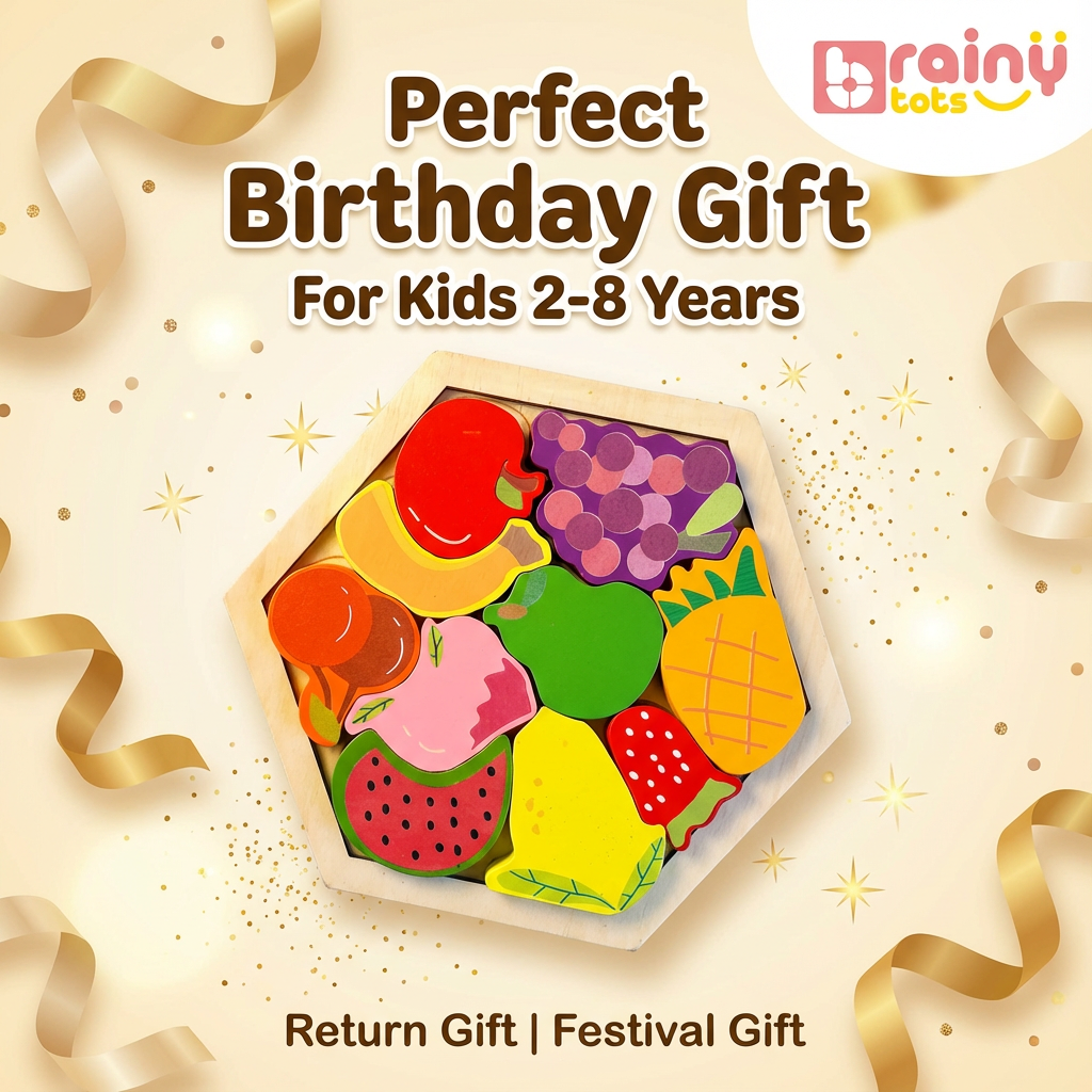 Wooden fruit puzzle toy with colorful fruits in a box, surrounded by gold ribbons on a beige background, branded as 'rainy tots'.
