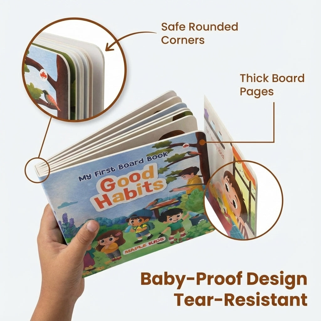 Children's book titled 'Good Habits' held by a hand, with text highlighting features like safe rounded corners and thick board pages.
