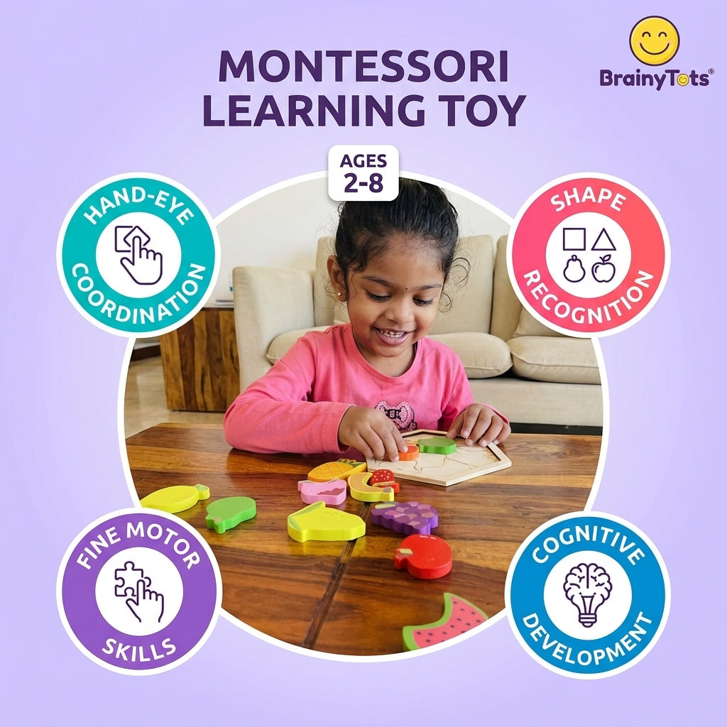 Child playing with a Montessori learning toy on a wooden table, with educational benefits displayed.