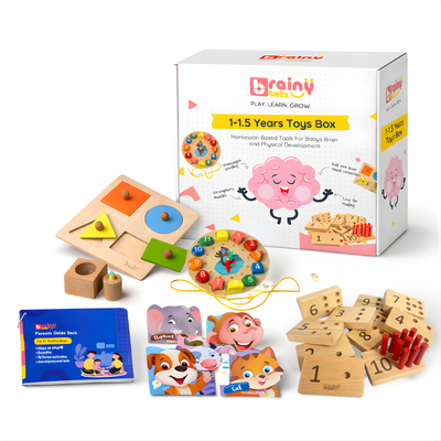 BrainyTots 1–1.5 Years Toys Box displaying Montessori wooden educational toys including a shape puzzle, number pegs, lacing clock, board books, and a parents' guide for toddlers.