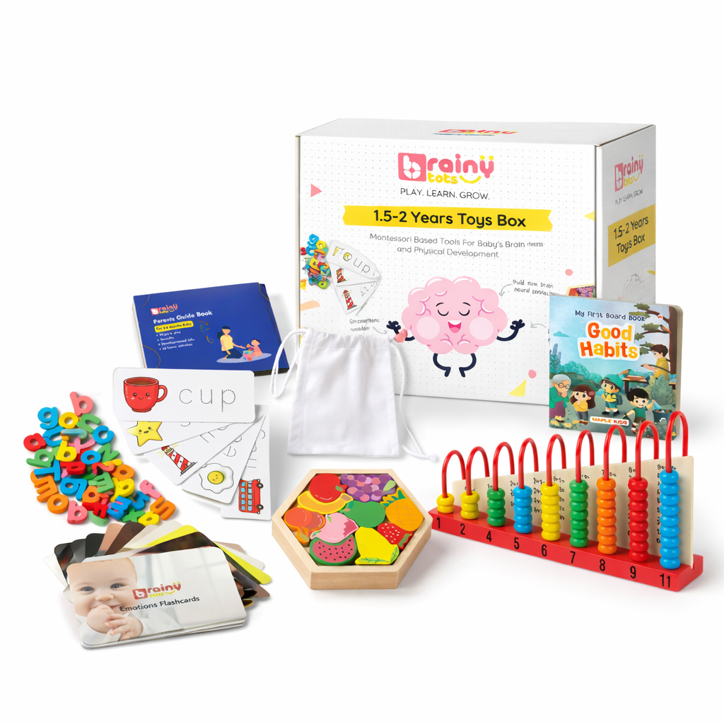 Collection of educational toys and materials with Brainy Box packaging on a white background