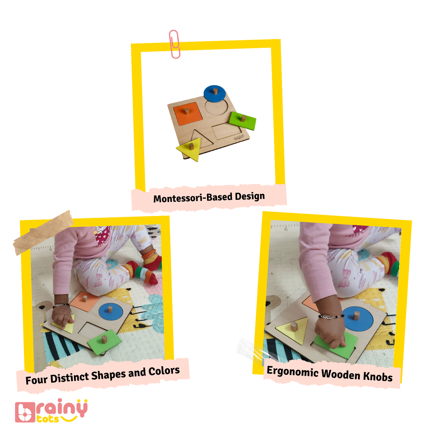 Features of our 4 Shapes Puzzle, designed for babies aged 8 months and up. This Montessori toy enhances problem-solving skills, shape recognition, and hand-eye coordination. Made from safe, durable materials, it includes various shapes for sorting and matching, promoting cognitive development and fine motor abilities. Perfect for early learning and interactive play.