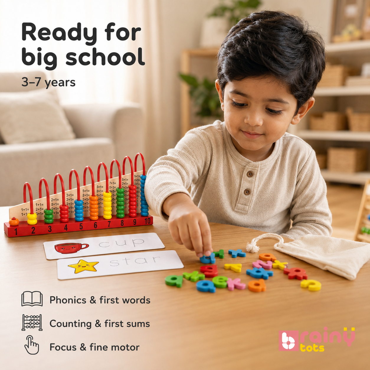 BrainyTots Preschool Prep Combo for Kids 3-7 – Wooden Spelling Game + Counting Frame Abacus (1–10)