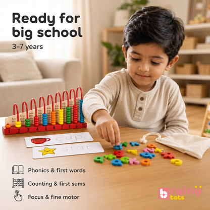BrainyTots Preschool Prep Combo for Kids 3-7 – Wooden Spelling Game + Counting Frame Abacus (1–10)