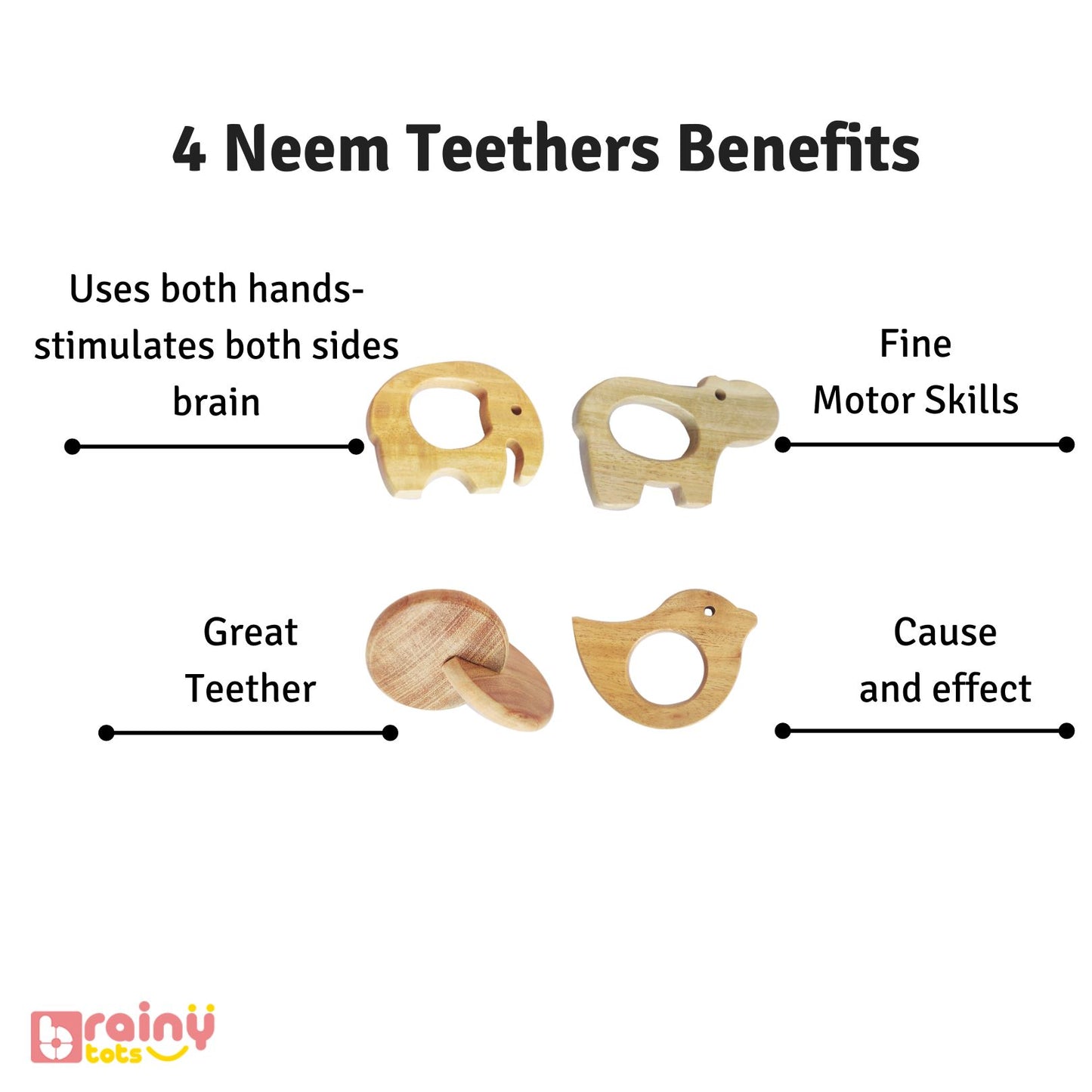 image showing benefits of 4 Neem Teethers made of neem wood for babies