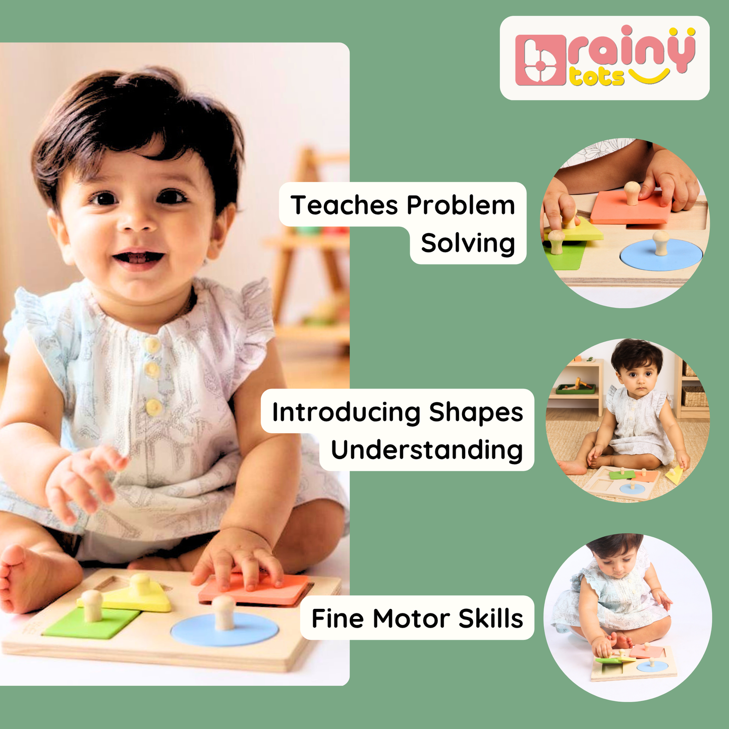 4 Shapes Wooden Puzzle - Montessori Shape Sorting Toy for Babies (6-24 Months)