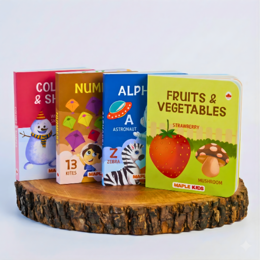 Board Books Set of 4 - First Baby Books for Infants | Fruits, Vegetables, Numbers, Alphabets | Montessori Learning