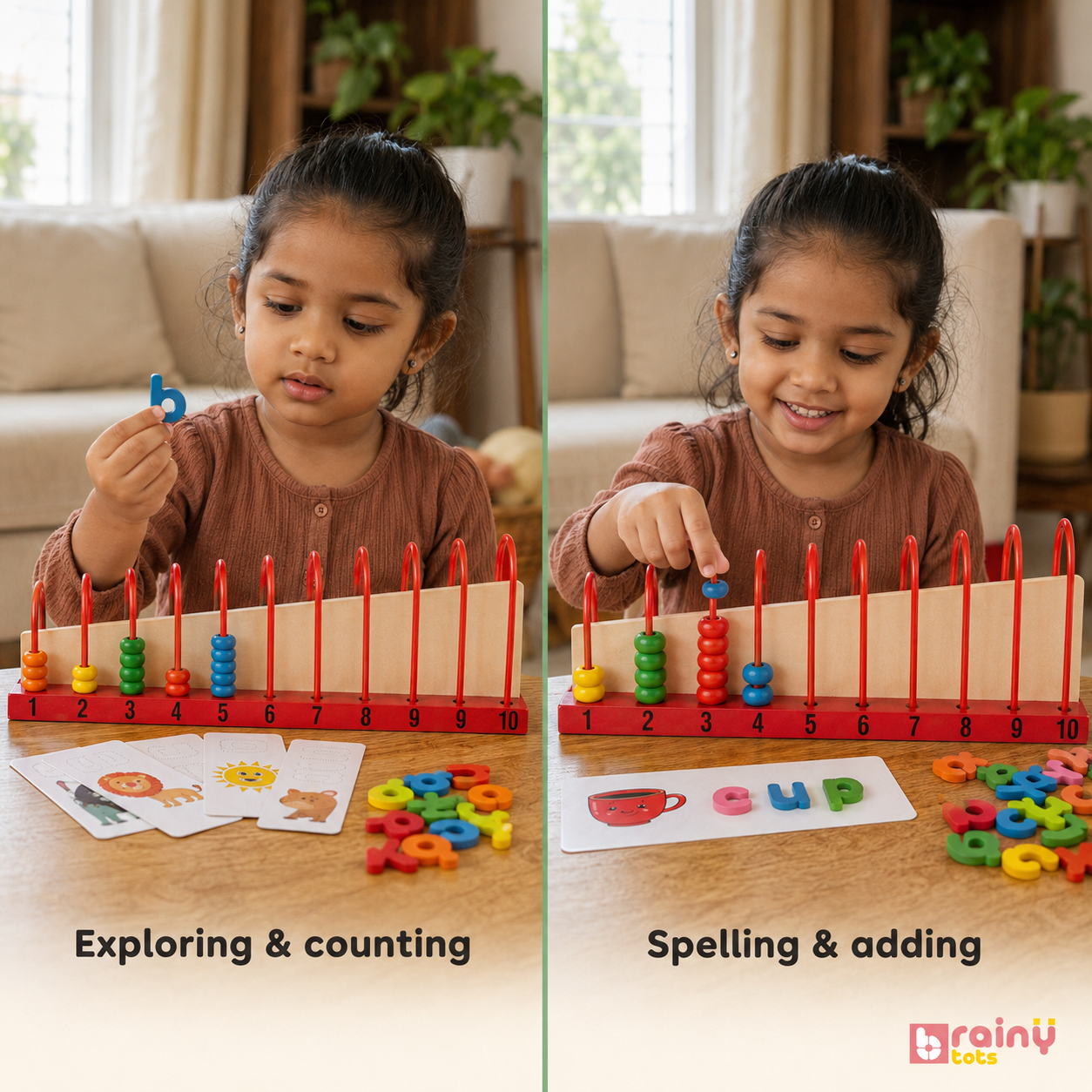 BrainyTots Preschool Prep Combo for Kids 3-7 – Wooden Spelling Game + Counting Frame Abacus (1–10)