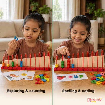 BrainyTots Preschool Prep Combo for Kids 3-7 – Wooden Spelling Game + Counting Frame Abacus (1–10)