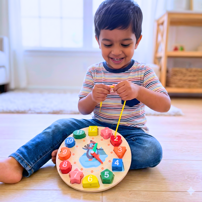 Child playing with the BrainyTots 4-in-1 Montessori Wooden Learning Clock by lacing colorful number blocks, building time-telling, number recognition, shape sorting, fine motor skills, hand-eye coordination, and problem-solving through hands-on learning.