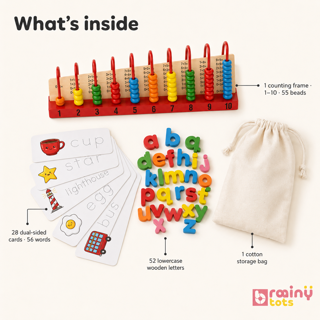 BrainyTots Preschool Prep Combo for Kids 3-7 – Wooden Spelling Game + Counting Frame Abacus (1–10)