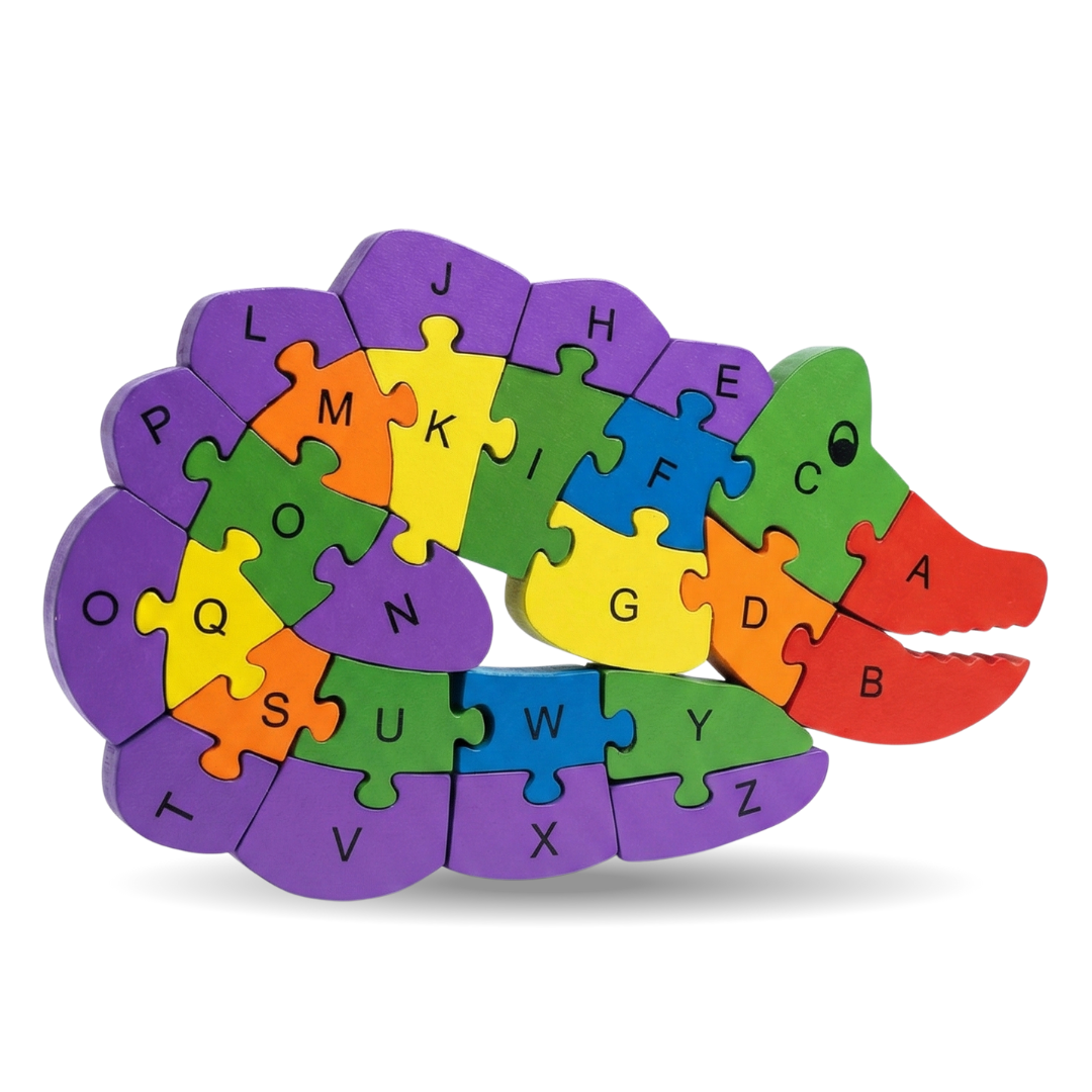 Colorful hedgehog-shaped puzzle with letters of the alphabet on a white background