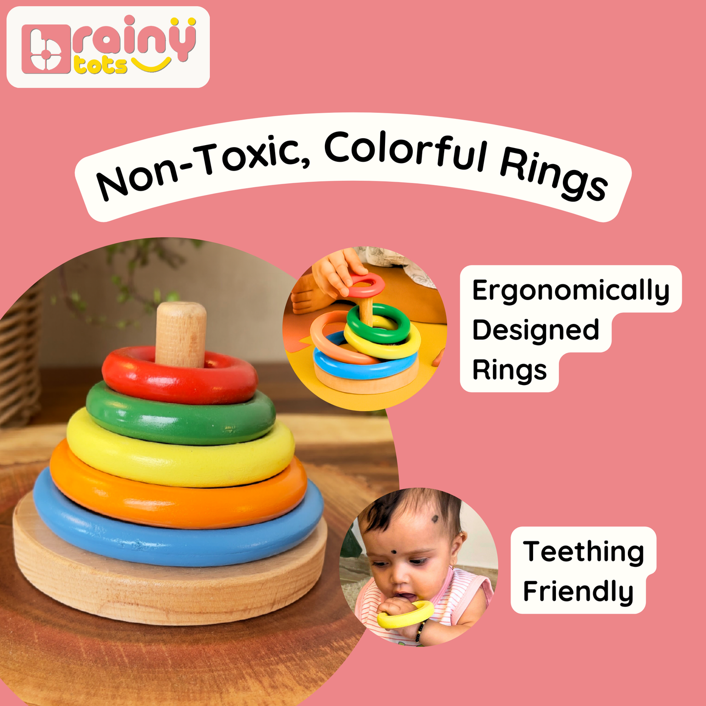 BrainyTots Wooden Ring Stacker featuring colorful non-toxic stacking rings with an ergonomic design that is safe for teething and easy for little hands to grasp.