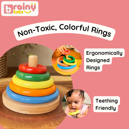 BrainyTots Wooden Ring Stacker featuring colorful non-toxic stacking rings with an ergonomic design that is safe for teething and easy for little hands to grasp.