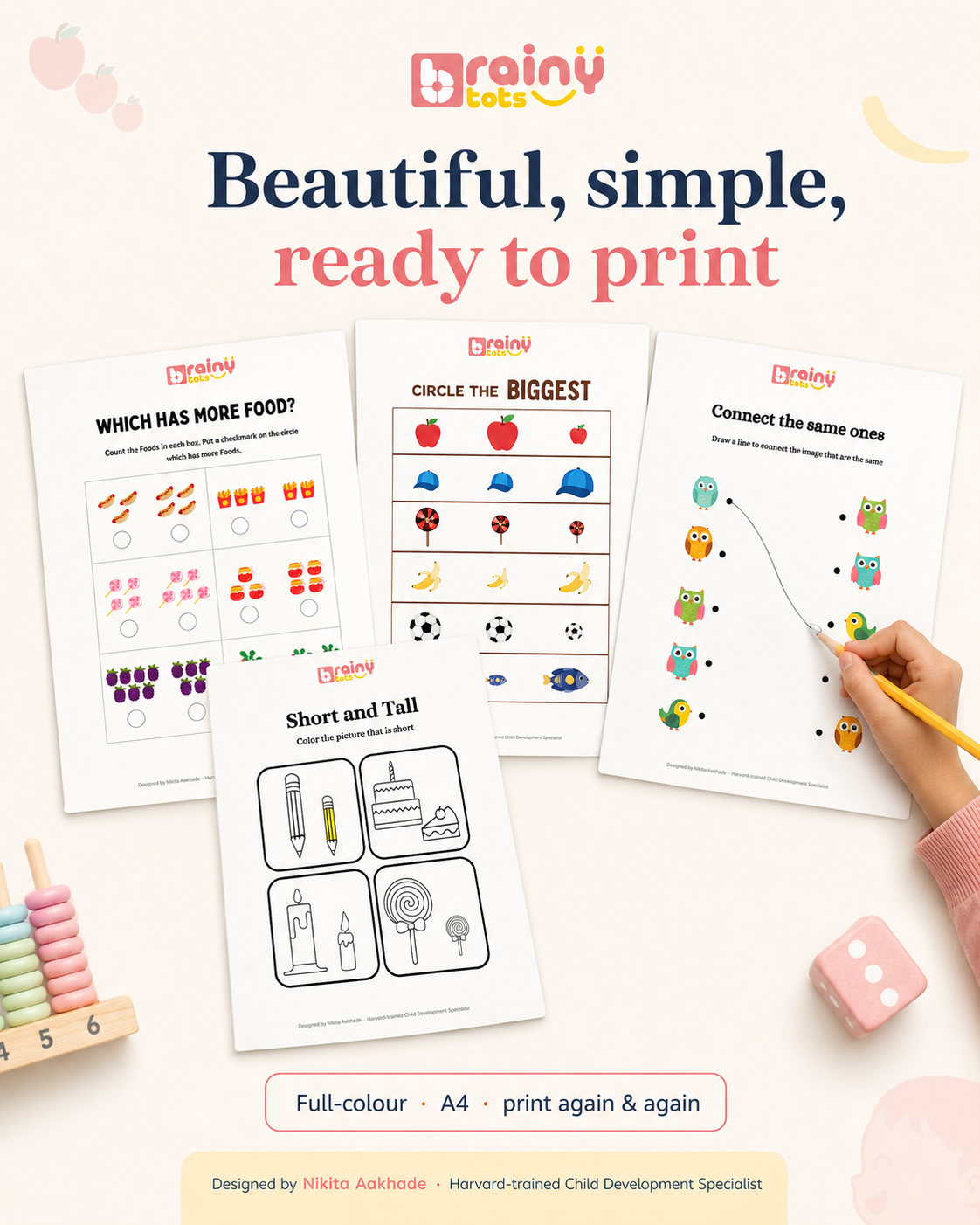 Brainy Thinking Worksheets — a 100-page screen-free, printable activity pack that builds the four early-thinking skills every preschooler needs before formal school: observe, compare, count, and focus.