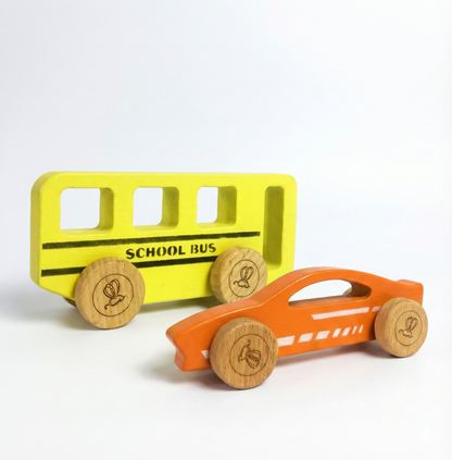 City Riders - Wooden Push Toys for Babies 6+ Months | Montessori Car & Bus Set