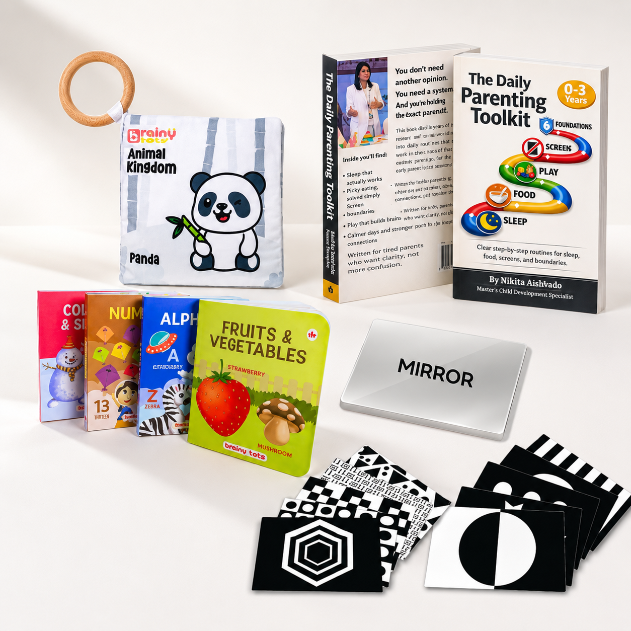 Reading Roots Kit for 0-12 Months | Parenting Guide Book + Sensory Cloth Book + Board Books Set + Flashcards with Mirror | Pre-Reading & Visual Development | By Harvard-Certified Expert