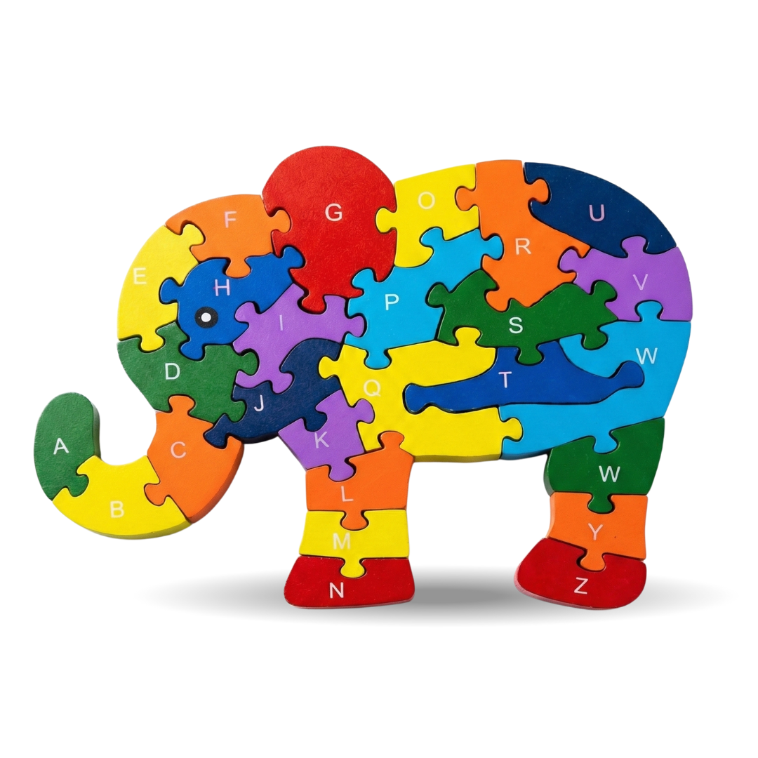 Colorful elephant-shaped puzzle with letters on a white background