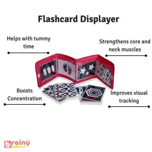 Benefits of our Flashcard Displayer, an educational tool for babies aged 0-6 months. Enhances visual and cognitive development, supports memory retention, and stimulates early learning in a Montessori environment. Safe, durable, and engaging for infants.