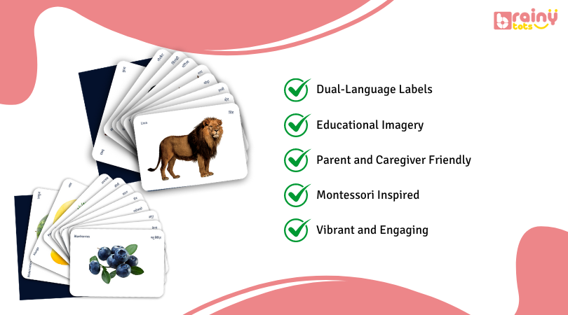 Discover the Animals and Fruits Flashcards in this image, showcasing a colorful and educational tool designed to enhance vocabulary and recognition skills in young learners through engaging illustrations.