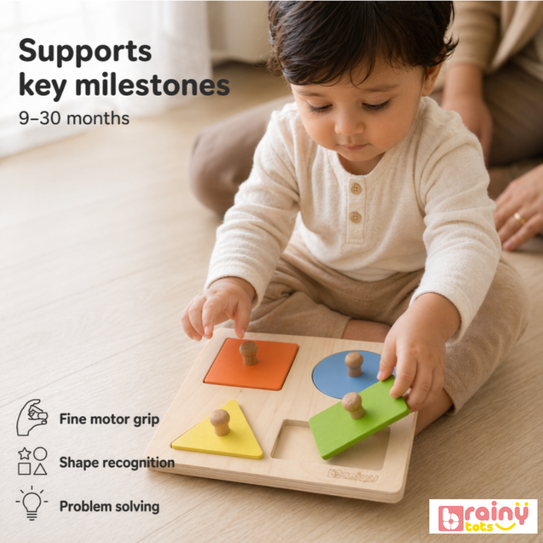 4 Shapes Wooden Puzzle - Montessori Shape Sorting Toy for Babies (6-24 Months)