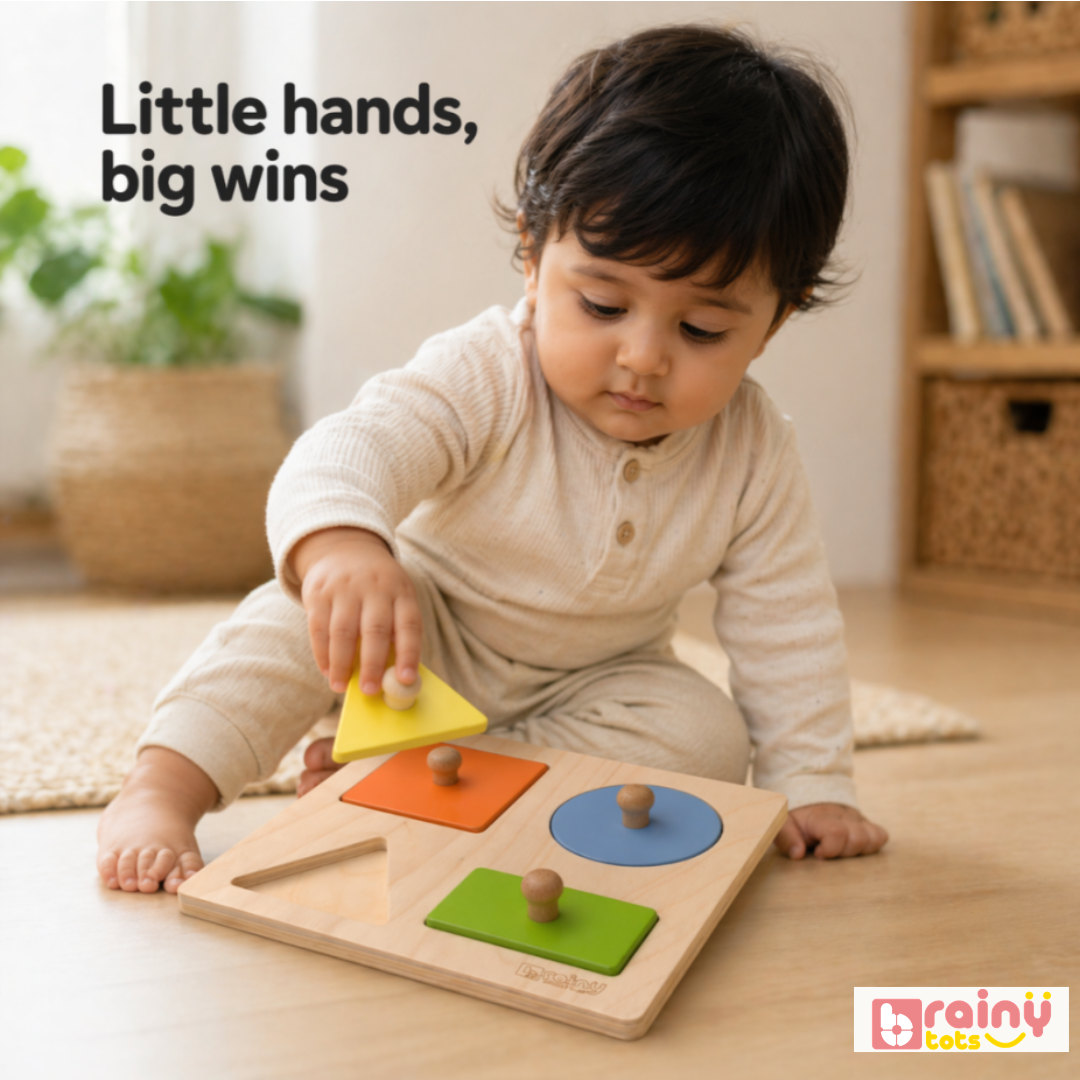 4 Shapes Wooden Puzzle - Montessori Shape Sorting Toy for Babies (6-24 Months)