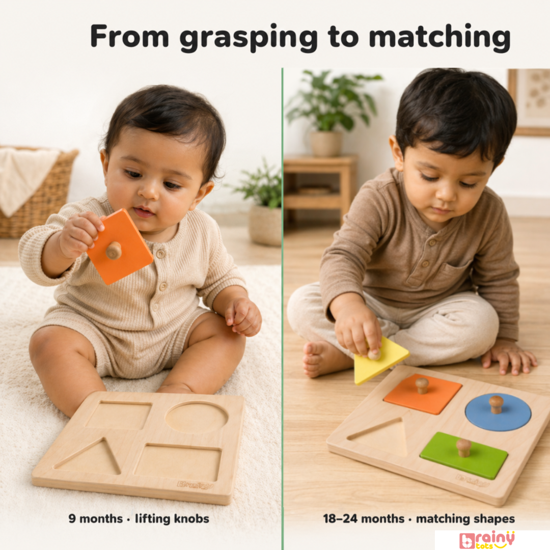 4 Shapes Wooden Puzzle - Montessori Shape Sorting Toy for Babies (6-24 Months)