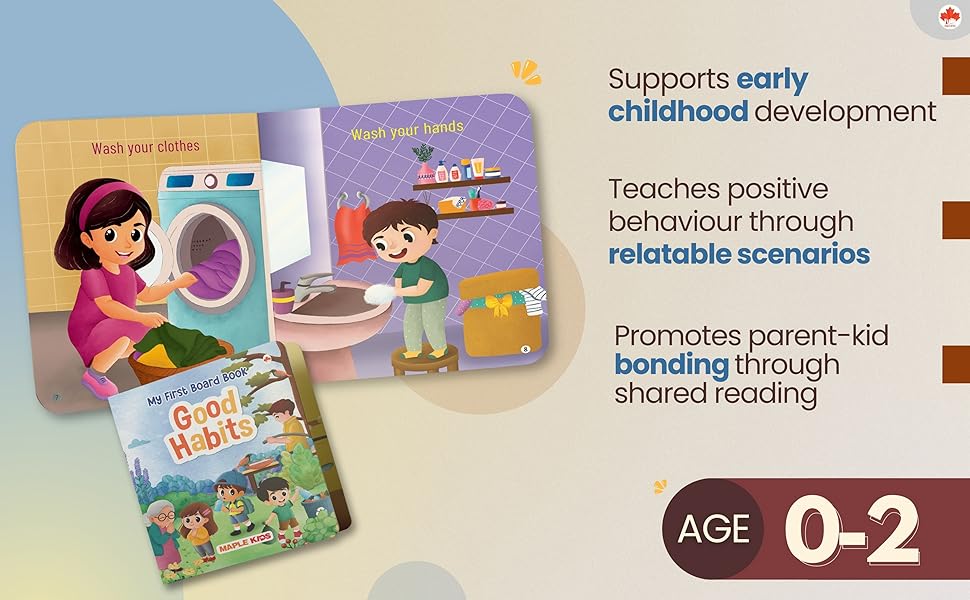 Children's books on good habits with a child washing clothes and another at the sink, on a gradient background.