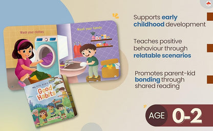 Children's books on good habits with a child washing clothes and another at the sink, on a gradient background.