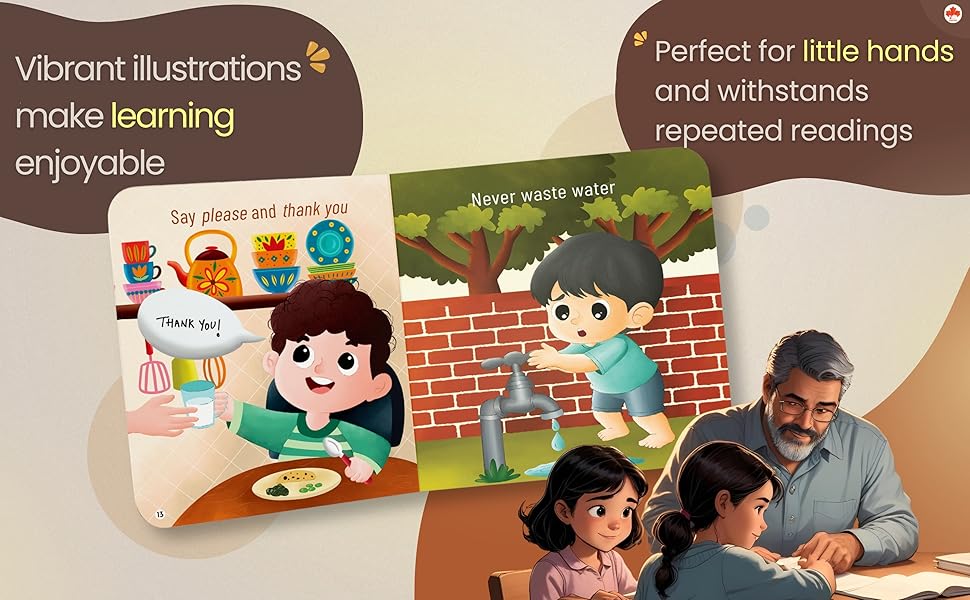 Educational book with illustrations of children learning manners and saving water, featuring a man and children at a table.