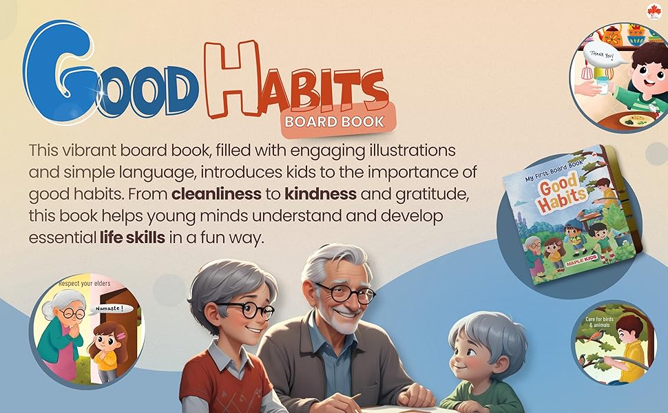 Board book titled 'Good Habits' with illustrations and text about its content.