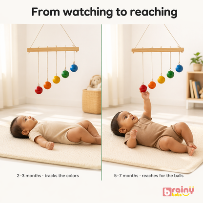 Two images showing a baby's development from tracking colors to reaching for hanging balls.