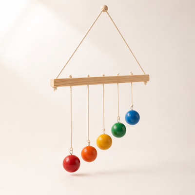 BrainyTots Montessori Hang and Height Hit Ball featuring colorful wooden balls suspended at graduated heights to encourage visual tracking, reaching, hand-eye coordination, and sensory development in babies.