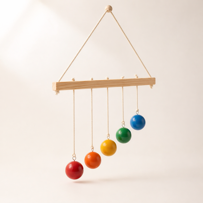 Colorful wooden mobile with hanging spheres on a plain background