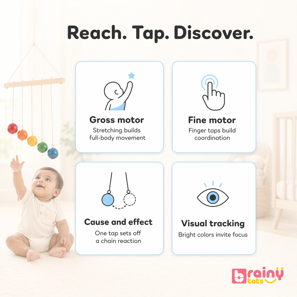 Baby reaching for a mobile with educational text about motor skills and brain development.
