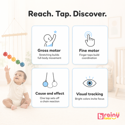 Baby reaching for a mobile with educational text about motor skills and brain development.