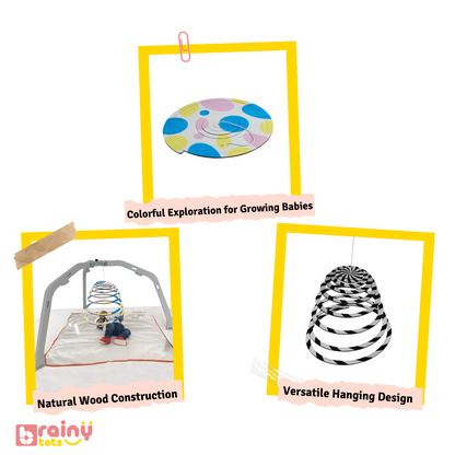 Features of our Spiral Hanging Mobile include a black and white side for infants aged 0-3 months, stimulating visual tracking and depth perception. The colorful side engages babies aged 3-12 months, enhancing sensory development and cognitive growth. This Montessori toy promotes motor skills, is safe and durable, and is perfect for early learning and interactive play.