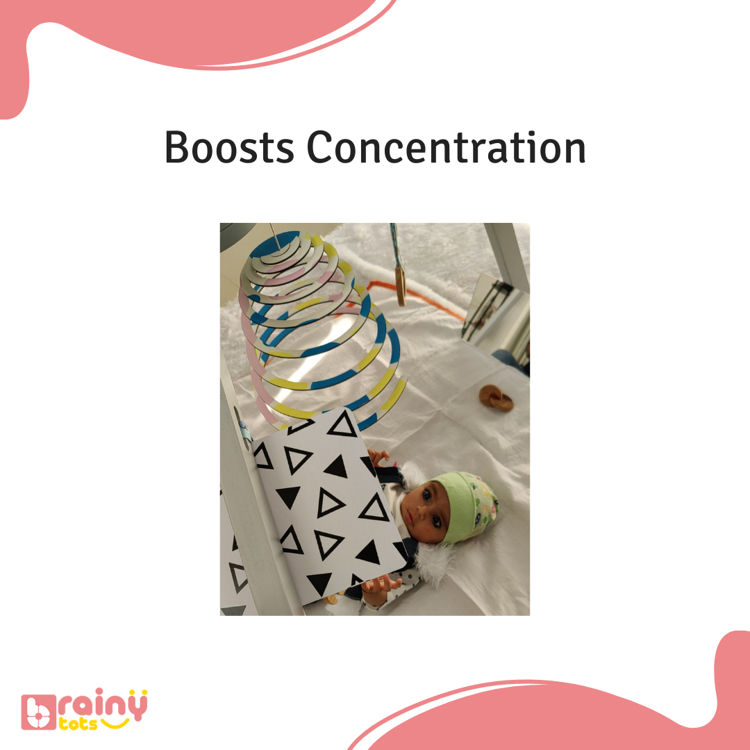 Our Hanging Mobile benefits babies by enhancing their concentration skills. Designed for infants aged 0-12 months, this Montessori toy stimulates visual tracking and depth perception with its reversible spiral and contrasting colors. Safe and durable, it encourages sensory development, hand-eye coordination, and cognitive growth. Perfect for early learning and interactive play.