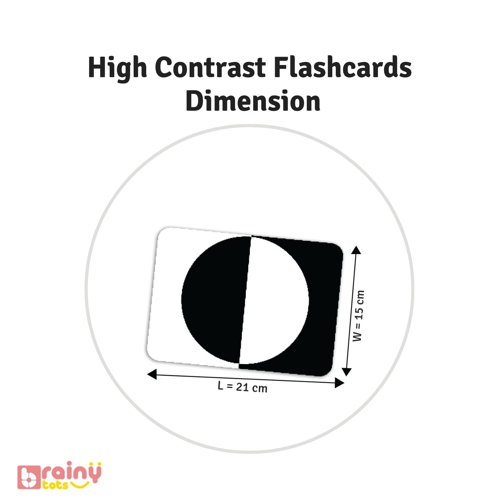 Explore the dimensions and design of our High Contrast Flashcards in this image, highlighting their optimal size for easy handling and effective visual stimulation for infants.