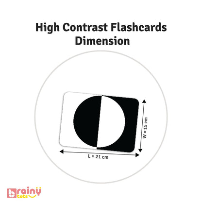 Explore the dimensions and design of our High Contrast Flashcards in this image, highlighting their optimal size for easy handling and effective visual stimulation for infants.