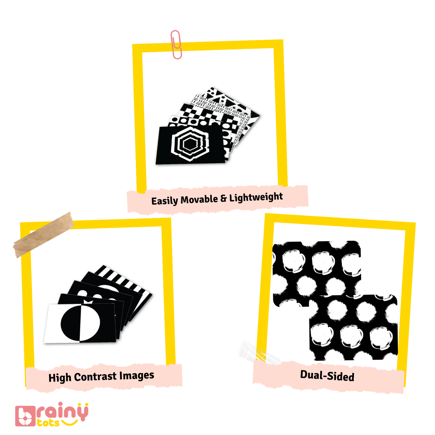 View the features of our High Contrast Flashcards in this image, designed to enhance early visual development and attention in infants with their striking black and white patterns.