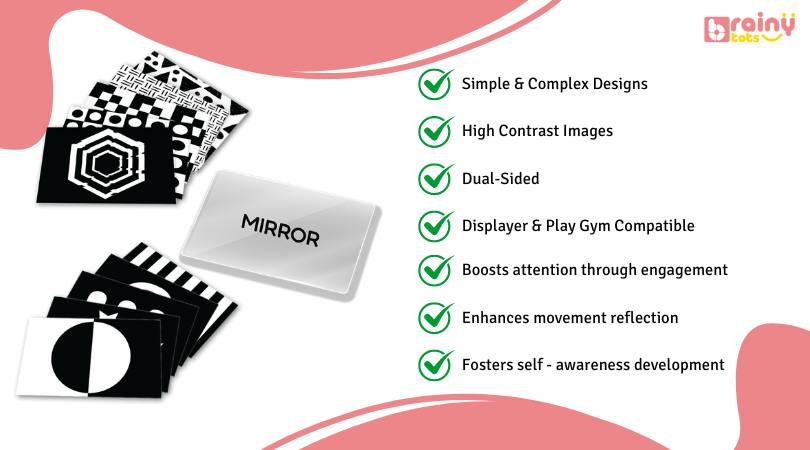 View the unique features of our High Contrast Flashcards with Mirror, designed to stimulate visual development and self-recognition in infants, highlighted in this image with its bold patterns and reflective surface.